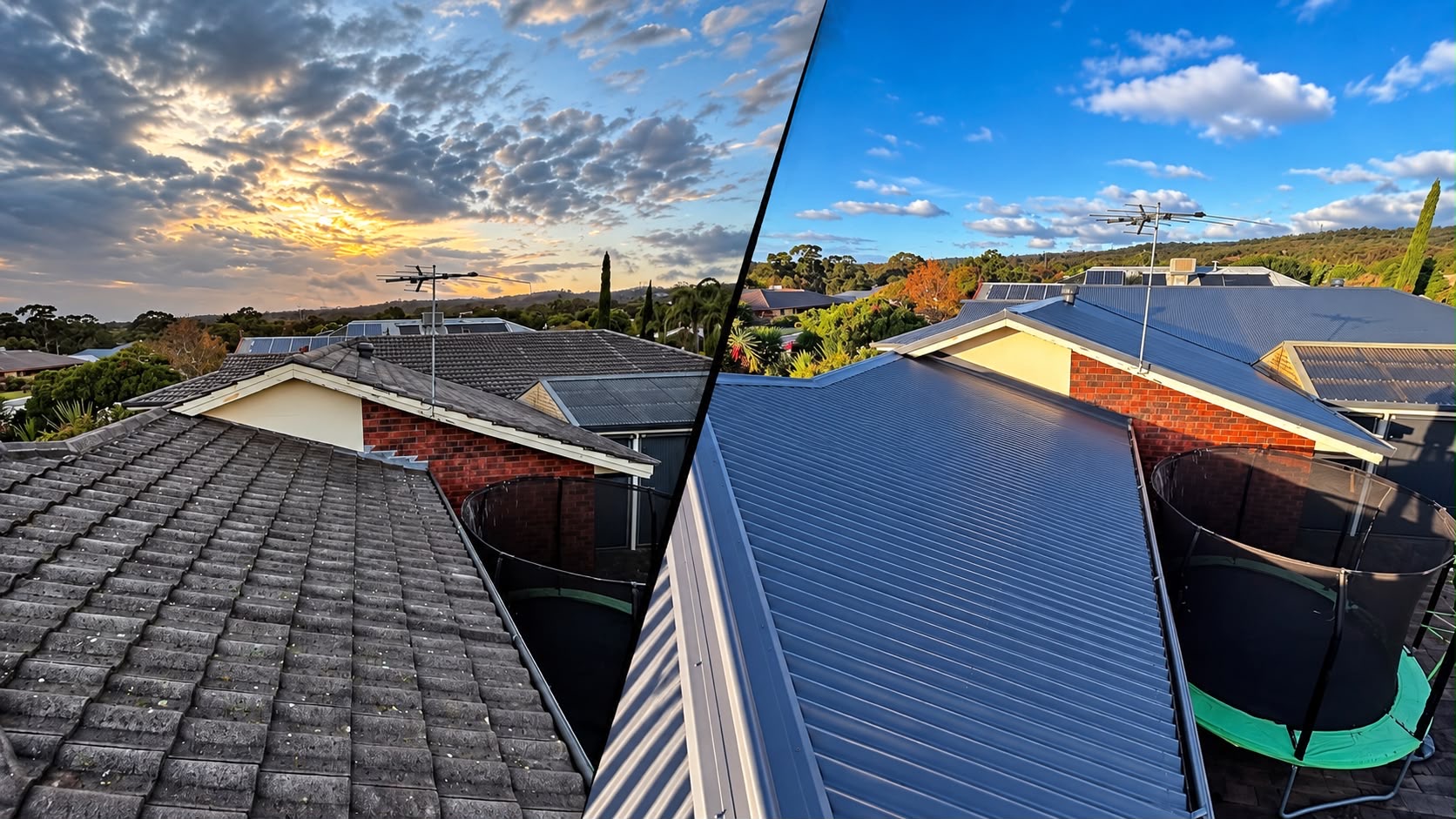 Before and after roof replacement — weathered tile roof replaced with new Colorbond metal roof