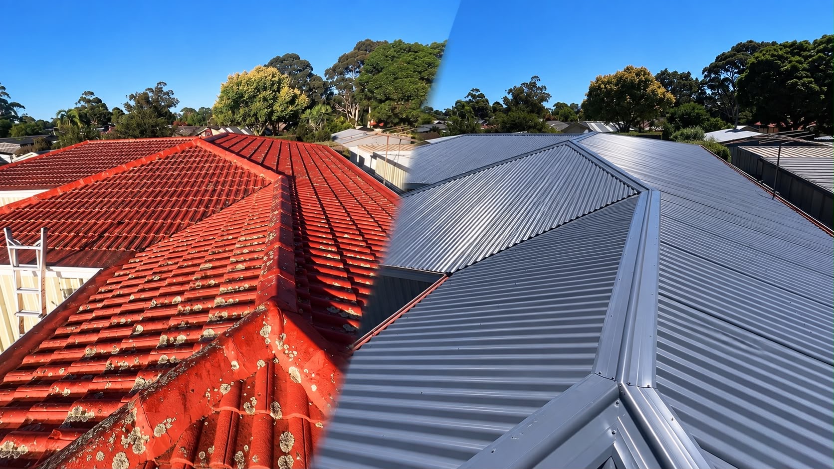 Before and after tile to Colorbond conversion — lichen-covered red tiles replaced with grey metal roofing