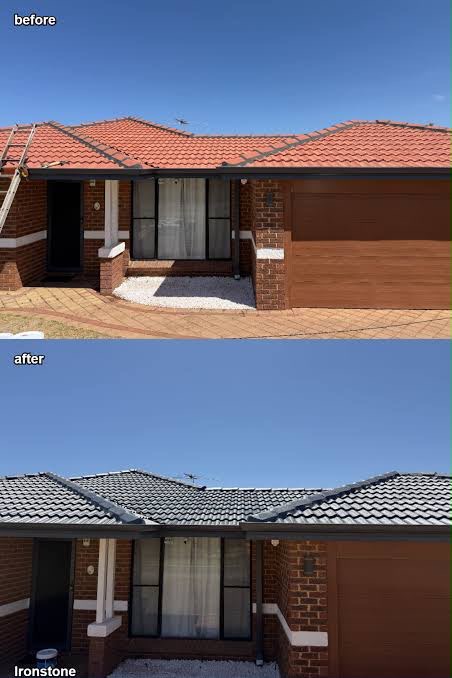 Before and after roof restoration — orange terracotta tiles resealed and repainted in Ironstone